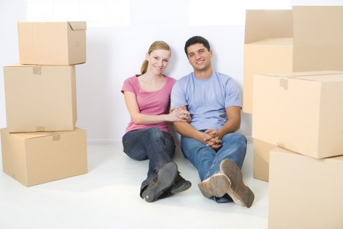 Packed office boxes and labelled commercial moving supplies