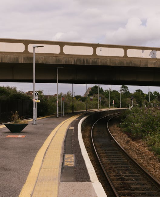 The image shows a train station platform adjacent to a railway track, with a metal railing separating the platform from the track area. There are several cardboard boxes and packed items placed on the platform, likely prepared for a home relocation or moving process. A small folding trolley and moving blankets are visible near the boxes, suggesting the transportation of household furniture. Parking spaces with multiple parked cars are visible alongside the station, behind the metal fence. Overhead electric wires run parallel to the tracks, supported by metal poles. A pedestrian overpass bridge extends over the railway, providing access between platforms, with a brick façade and metal railings. The scene is set during daytime with natural light, and lush green trees and bushes surround the station environment. A bus stop shelter is located on the right side of the platform, indicating public transport accessibility. The station is operated by Removal Companies Catford, supporting efficient house removals and moving logistics in the area, with the station's location and details relevant to local moving services and parking tips for the timing of relocation activities near Catford Bridge Station.